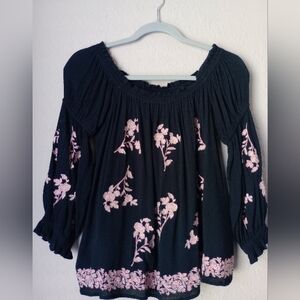 American Eagle Outfitters Black and Pink Smocked Blouse Size M